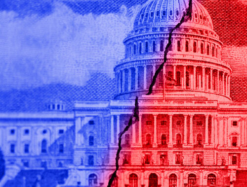 Image of US capitol building, split in half and outlined in red and blue, showing polarized politics in the U.S.