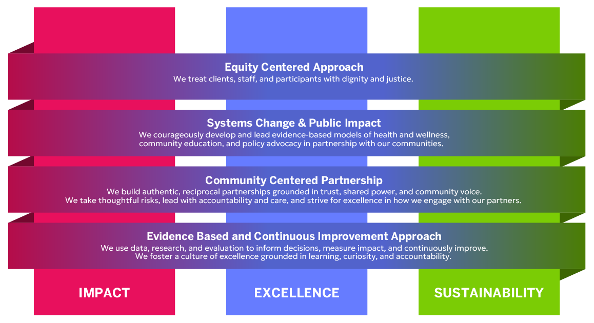 Strategic framework infographic: three pillars, Impact, Excellence and Sustainability, supported by four cross-cutting strategies: Equity Centered Approach, Systems Change and Public Impact, Community Centered Partnership, and Evidence Based and Continuous Improvement Approach.