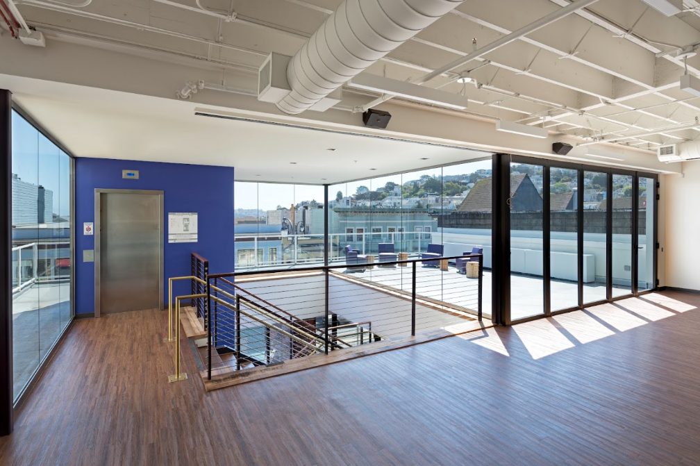 The 3rd floor swing space at Strut, open to the roof deck.